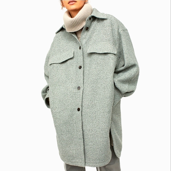 H&M Long Shacket XS Oversized Coat Textured Green Marl Flannel Pockets - Picture 2 of 7